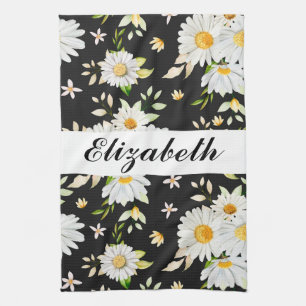Elegant Monogram Black and White  Daisy Pattern  Kitchen Towel
