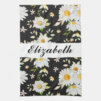 Elegant Monogram Black and White  Daisy Pattern  Kitchen Towel