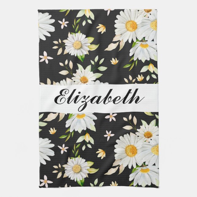 Elegant Monogram Black and White  Daisy Pattern  Kitchen Towel (Vertical)