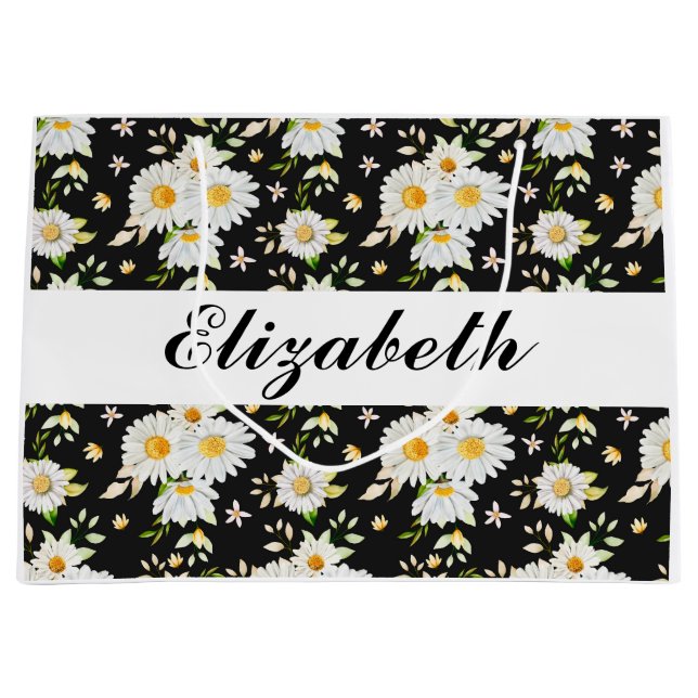 Elegant Monogram Black and White  Daisy Pattern Large Gift Bag (Front)