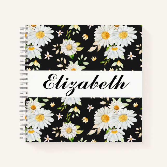 Elegant Monogram Black and White  Daisy Pattern  Notebook (Front)