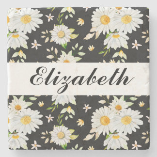 Elegant Monogram Black and White  Daisy Pattern  Stone Coaster