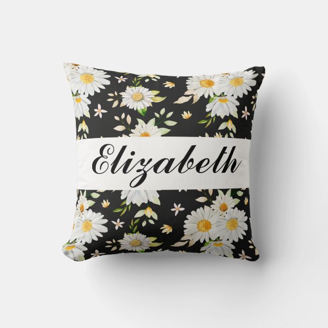 Elegant Monogram Black and White  Daisy Pattern  Throw Pillow (Front)