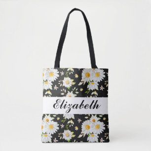 Elegant Monogram Black and White  Daisy Pattern  Tote Bag