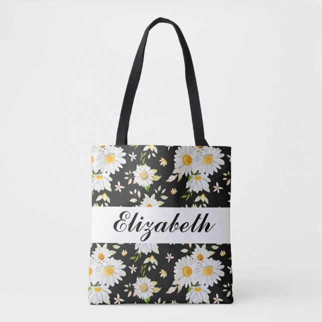 Elegant Monogram Black and White  Daisy Pattern  Tote Bag (Front)