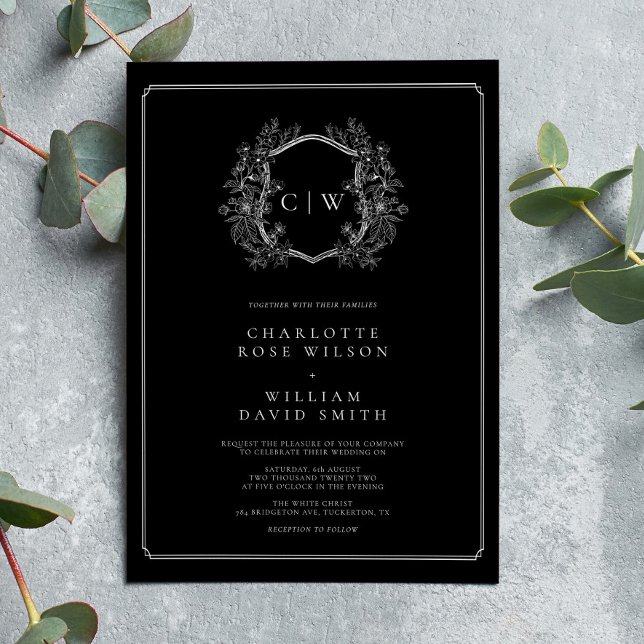 Elegant Monogram Black and White Formal Wedding Invitation (Creator Uploaded)