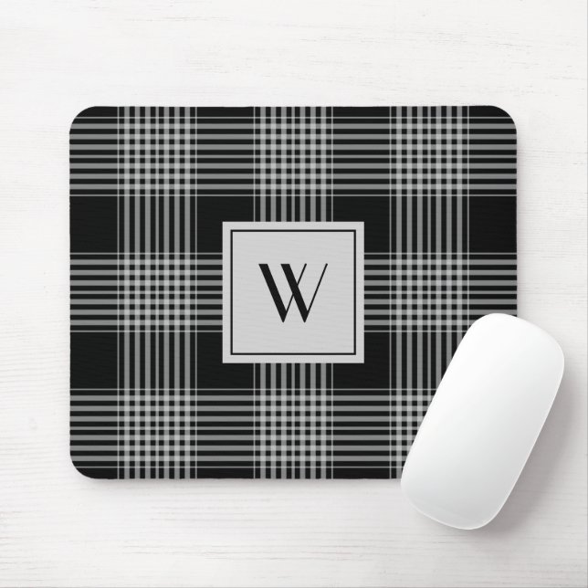 Elegant Monogram Black And White Plaid Pattern Mouse Pad (With Mouse)