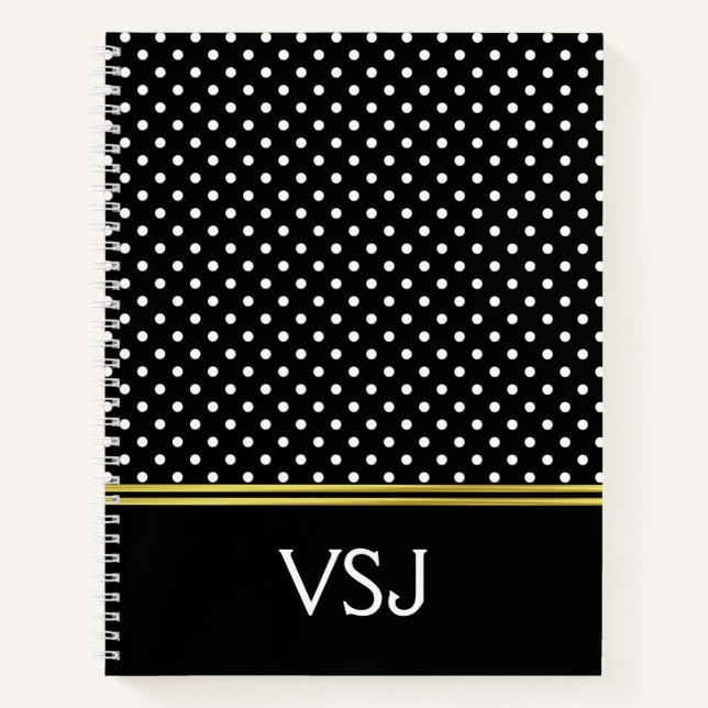 Elegant Monogram Black and White Polka Dots Notebook (Front)