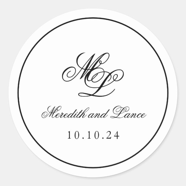 Elegant Monogram Black and White Script Classic Round Sticker (Front)