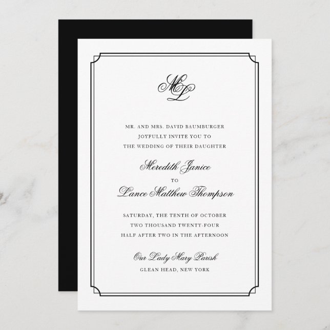 Elegant Monogram Black and White Script Wedding Invitation (Front/Back)