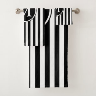 Elegant Monogram Black And White Stripes Bath Towel Set