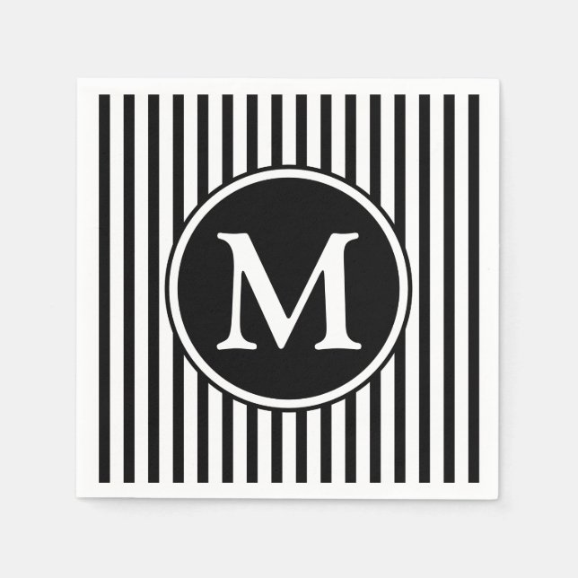Elegant Monogram Black And White Stripes Napkin (Front)