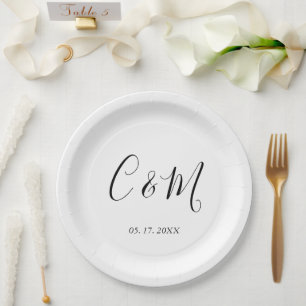 Elegant Monogram Black and White Wedding Paper Plate