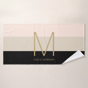 Elegant monogram black beige pink bath towel set