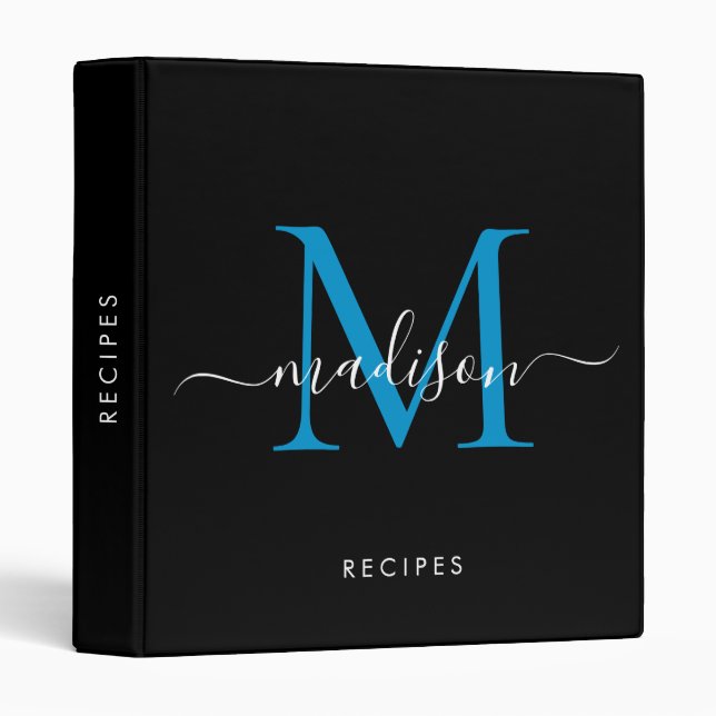 Elegant Monogram Black Blue Script Name Recipe Binder (Front/Spine)