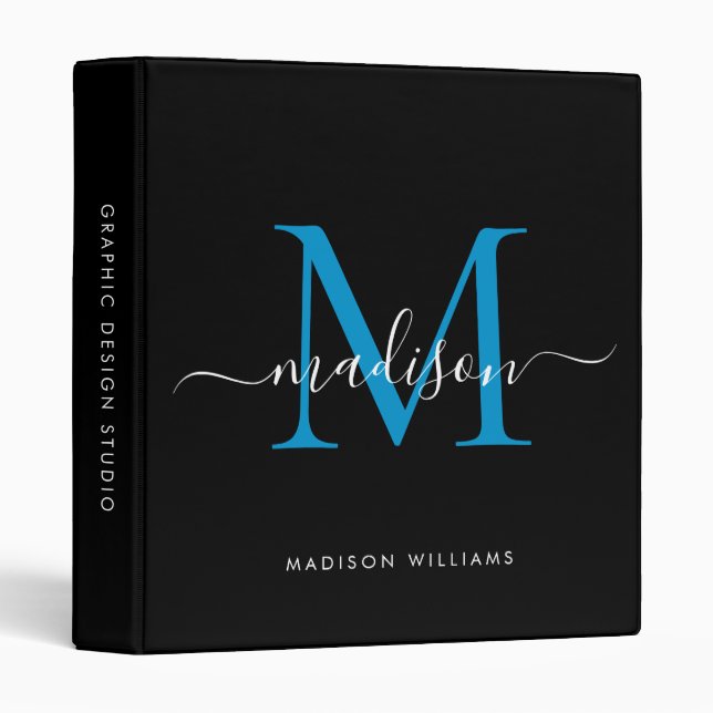 Elegant Monogram Black Bright Blue Office School Binder (Front/Spine)