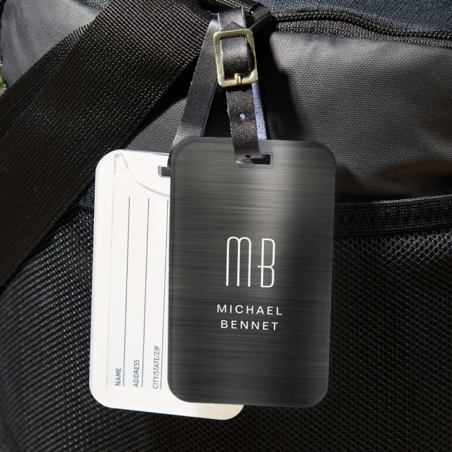 Elegant Monogram Black Brushed Metallic Luggage Tag (Elegant Monogram Black Brushed Metallic Luggage Tag)