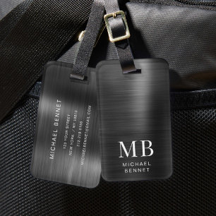 Elegant Monogram Black Brushed Metallic Luggage Tag