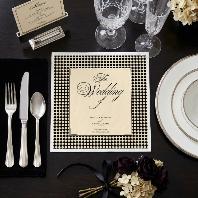 Elegant Monogram Black Cream Chequerboard Napkin (Creator Uploaded)