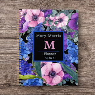 Elegant Monogram Black Floral in Blue Purple Pink Planner