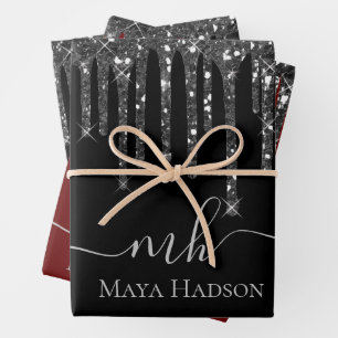 Elegant Monogram Black Glitter Drips  Wrapping Paper Sheet