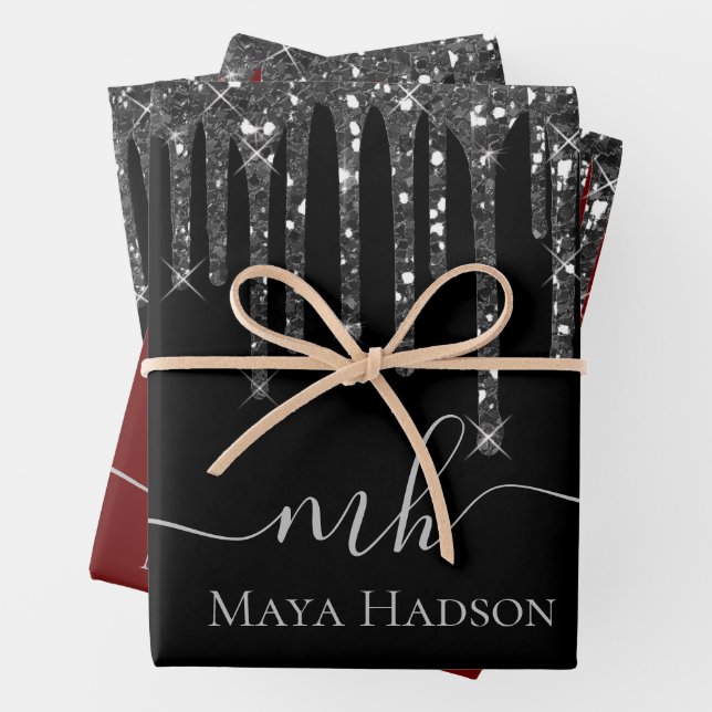 Elegant Monogram Black Glitter Drips  Wrapping Paper Sheet (In situ)