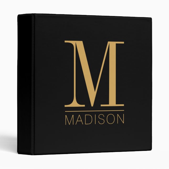 Elegant Monogram Black Gold 3 Ring Binder (Front/Spine)