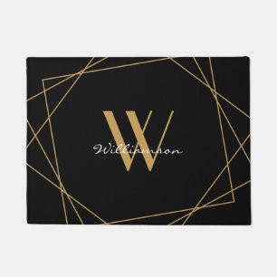 Elegant Monogram Black Gold Add Name Script Doormat