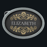 Elegant Monogram Black Gold Belt Buckle<br><div class="desc">An elegant black and gold flourish belt buckle. So Chic and stylish!  Add your name between the gold floral flourish on the front. Designed for you by Blackberry Boulevard.</div>