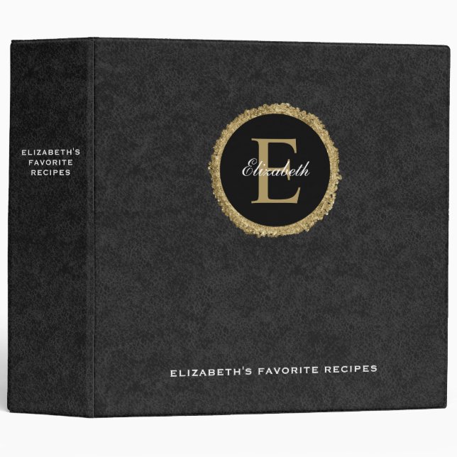 Elegant Monogram Black Gold Family Recipe Cookbook Binder (Front/Spine)