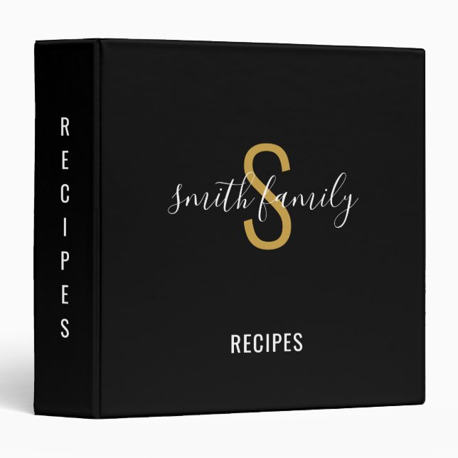 Elegant Monogram Black Gold Family Recipes Binder (Front/Spine)