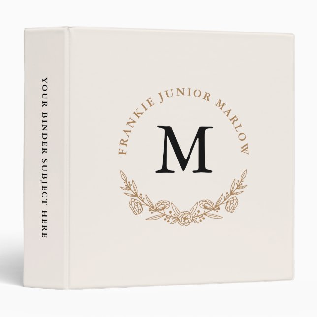 Elegant Monogram Black Gold Floral Office School Binder (Front/Spine)