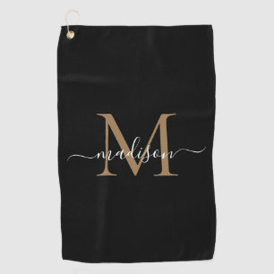 Elegant Monogram Black Gold Girly Script Name Golf Towel