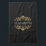 Elegant Monogram Black Gold Kitchen Towel<br><div class="desc">An elegant and chic black and gold flourish monogram kitchen towel. Add your name between the gold floral flourish on the front. Designed for you by Blackberry Boulevard.</div>