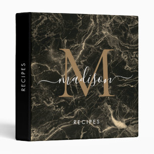 Elegant Monogram Black Gold Marble Script Recipe Binder