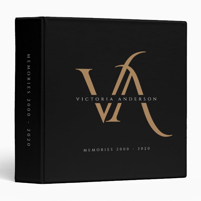 Elegant Monogram Black Gold Modern Custom Album Binder (Front/Spine)