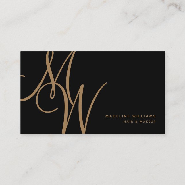 Elegant Monogram Black Gold Modern Script Initials Business Card (Front)