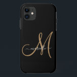 Elegant Monogram Black Gold Name  iPhone 11 Case<br><div class="desc">Personalized iphone case featuring a gold script initial,  and white script name on black A trending modern minimalist typography style. Select your device model for this design.</div>