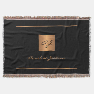 Elegant monogram black gold name script modern throw blanket