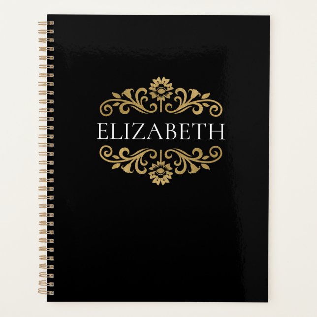 Elegant Monogram black Gold Office School Planner (Front)