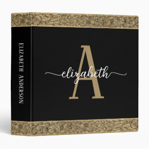Élégant Monogram Black Gold Script Classeur
