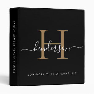 Elegant Monogram Black Gold Script Family Name Binder