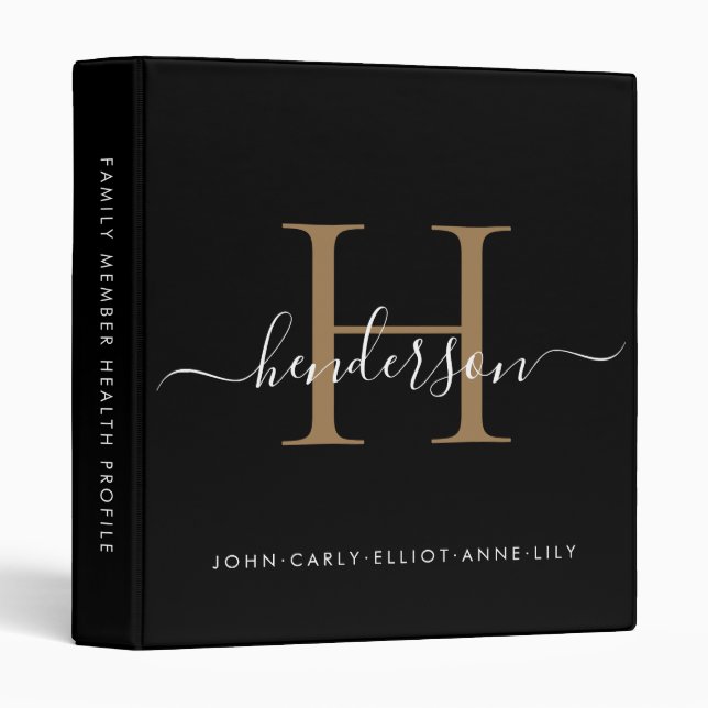 Elegant Monogram Black Gold Script Family Name Binder (Front/Spine)