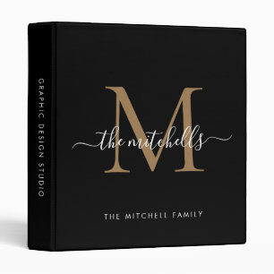 Elegant Monogram Black Gold Script Family Name Binder