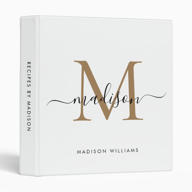 Elegant Monogram Black Gold Script Kitchen Recipe Binder (Front/Spine)