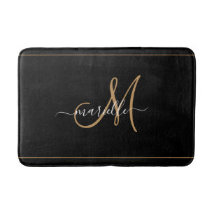 Elegant Monogram Black Gold Script Name  Bath Mat