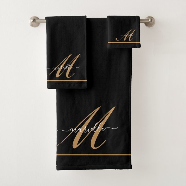 Elegant Monogram Black Gold Script Name  Bath Towel Set (Insitu)