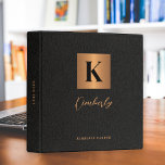 Elegant monogram black gold script name binder<br><div class="desc">Stylish modern luxury monogram initial and signature script name personalized office,  school,  or personal binder featuring a faux metallic gold copper square with initial letter and your custom text over a black leather like (PRINTED TEXTURE) background.</div>