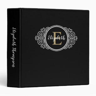 Elegant Monogram Black Gold  Script Name Initial Binder