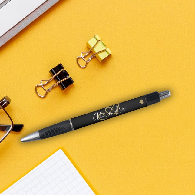Elegant Monogram Black Gold Script Name Pen (Creator Uploaded)